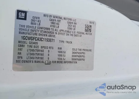 2012 Chevrolet Express G2500 from USA, damaged, VIN 1GCWGFCA3C1193871